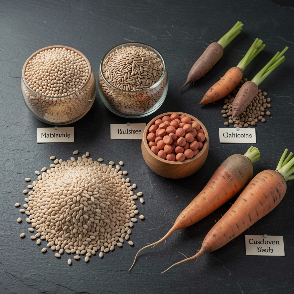 Selection of whole grains, pulses and root vegetables arranged by category on a dark stone surface with labels