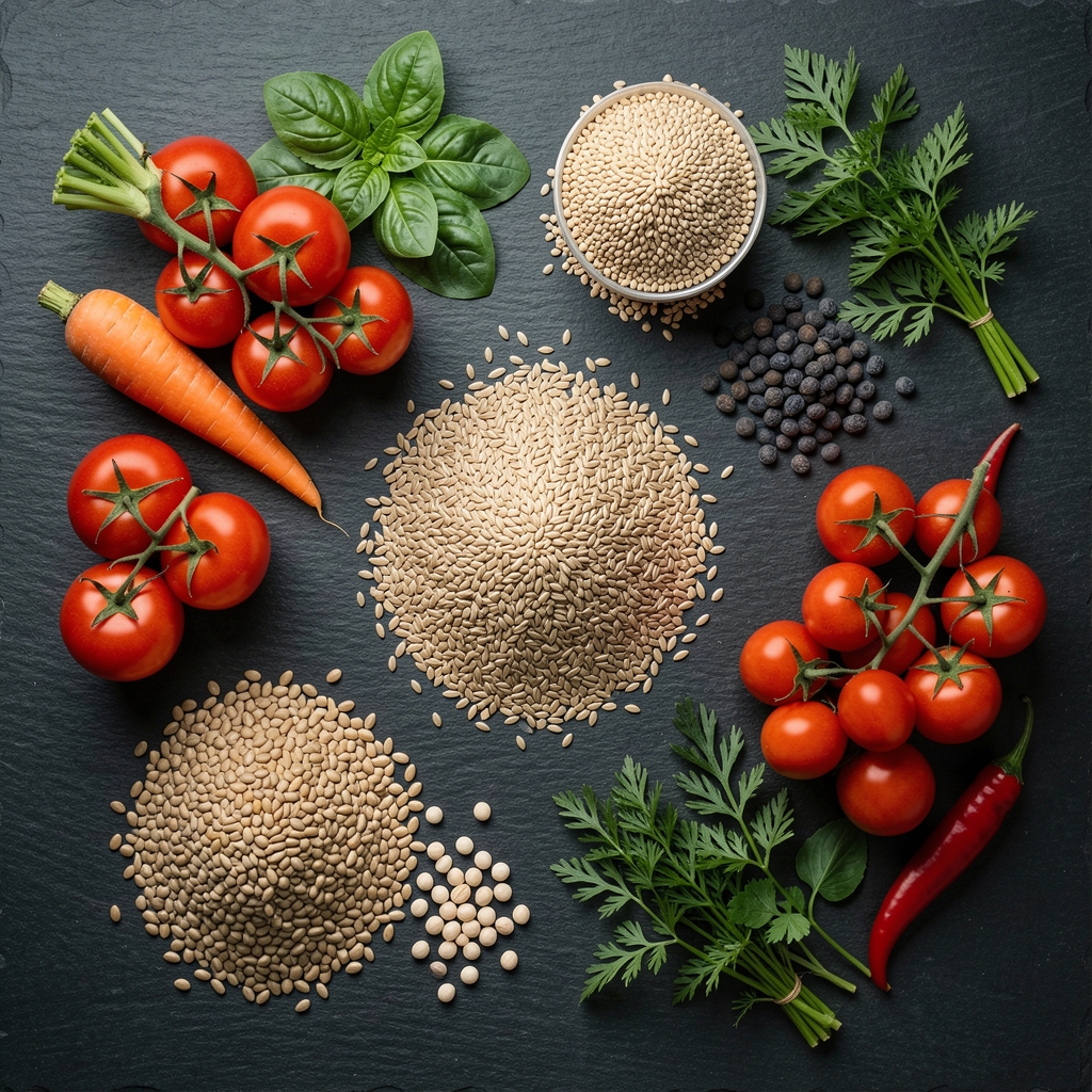 Overhead flat-lay of fresh seasonal vegetables, whole grains, legumes and herbs arranged on a dark slate surface